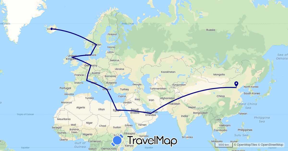 TravelMap itinerary: driving in Switzerland, China, Germany, Denmark, Egypt, United Kingdom, Greece, Iceland, Monaco, Norway, Sweden (Africa, Asia, Europe)